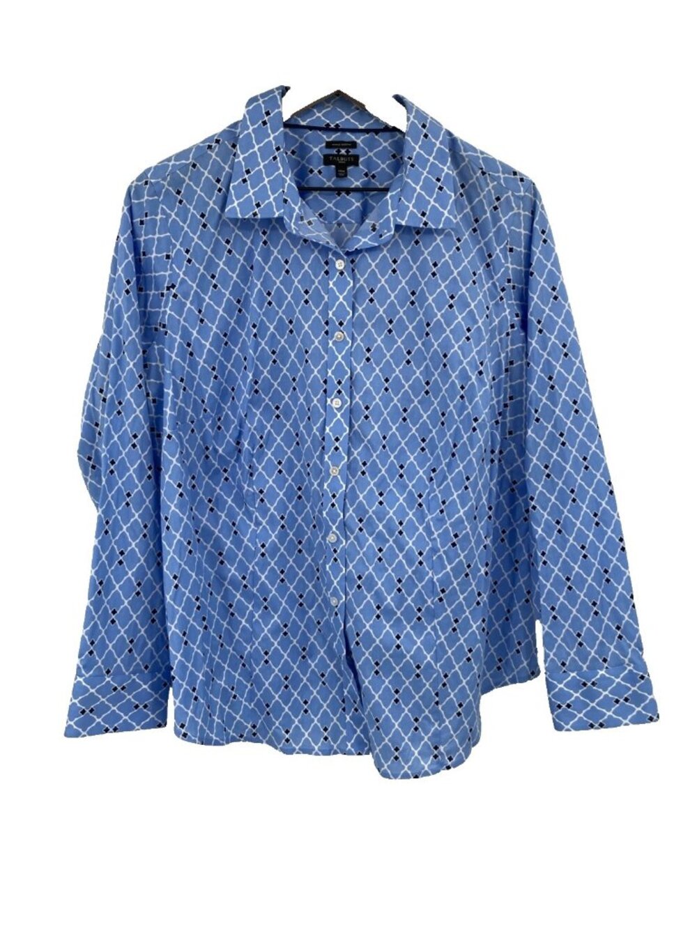 Talbots Women’s Button Down Blouse 14W Blue White Trellis Tile Print Wrinkle Res